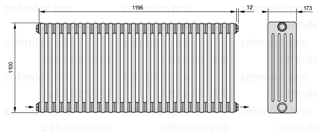 Схема (чертеж) Радиатор Zehnder Charleston 5110/26 №2670 Белый глянцевый RAL 9016